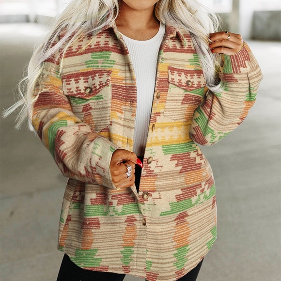 Tops - B075 Yellow Western Aztec Print Button Flap Pocket Shacket